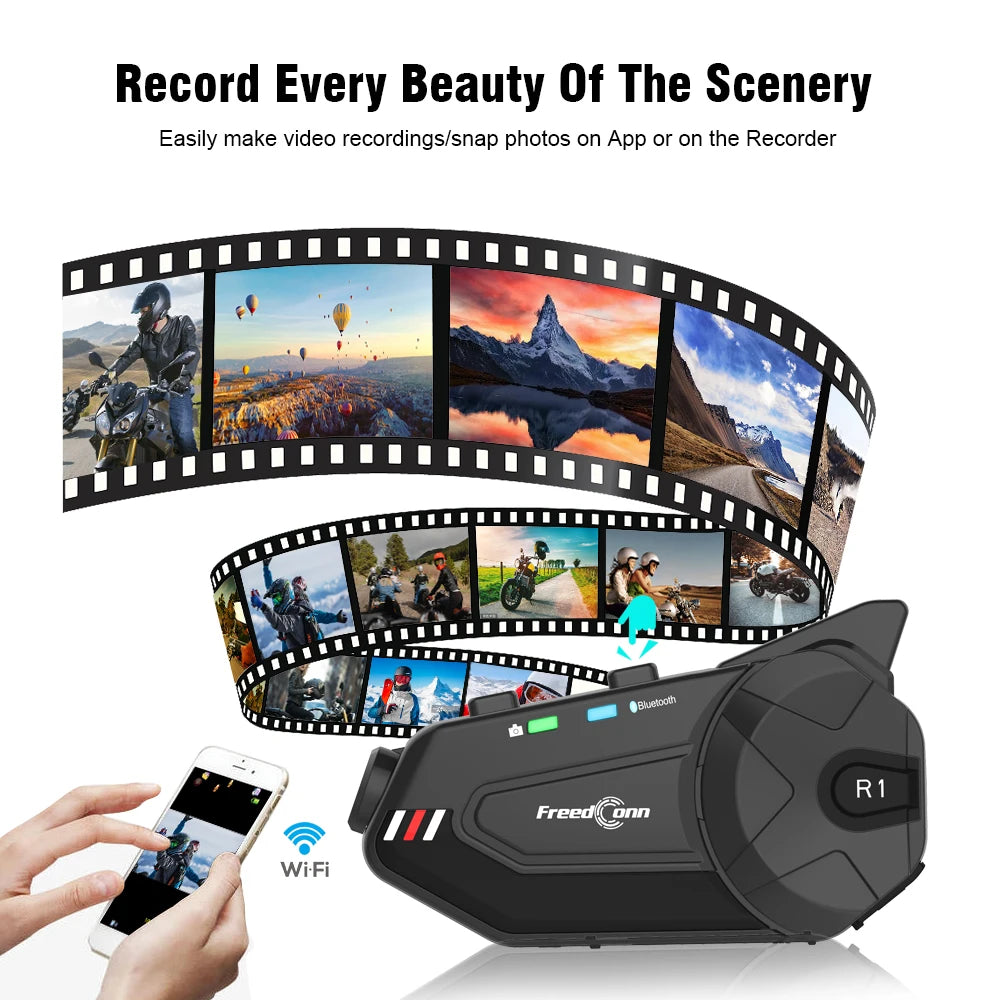 Freedconn R1Plus Bluetooth Motorcycle Intercom Helmet Headset Wifi APP Speaker Headphone Motorbike Interphone Motor Dash Cam Dvr