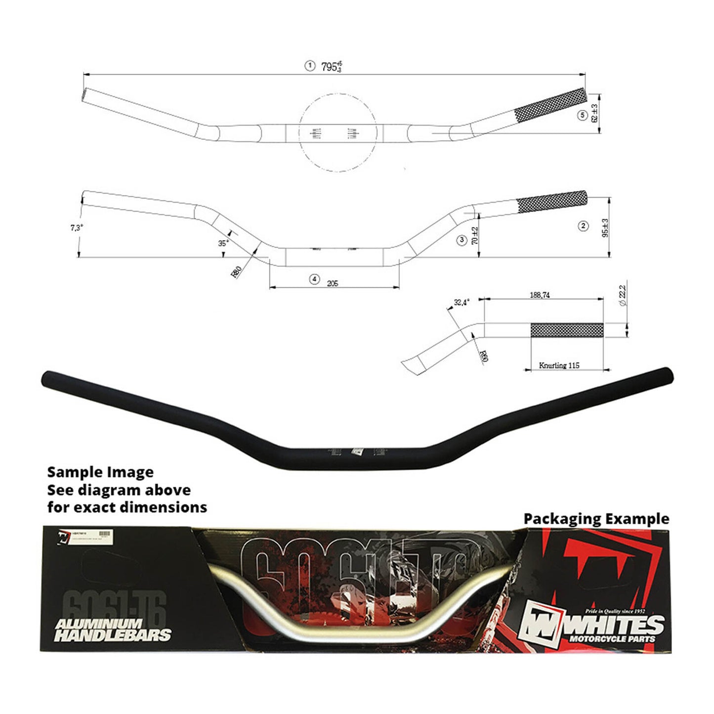 Whites Handlebar Taper AL6061 Black CR High 1 1/8 (28.6mm)