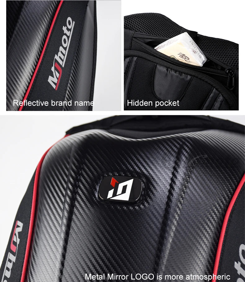 Carbon Fiber Motorcycle Backpack Motocross Helmet Bag Waterproof Motorsport Riding Backpack Expandable Hard Shell Bag Reflective