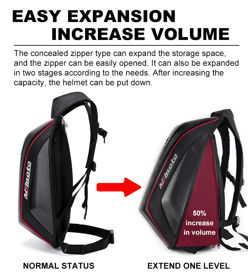 Carbon Fiber Motorcycle Backpack Motocross Helmet Bag Waterproof Motorsport Riding Backpack Expandable Hard Shell Bag Reflective