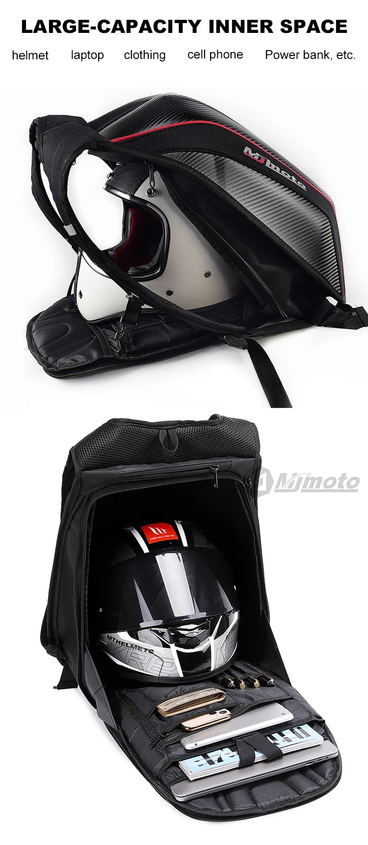 Carbon Fiber Motorcycle Backpack Motocross Helmet Bag Waterproof Motorsport Riding Backpack Expandable Hard Shell Bag Reflective