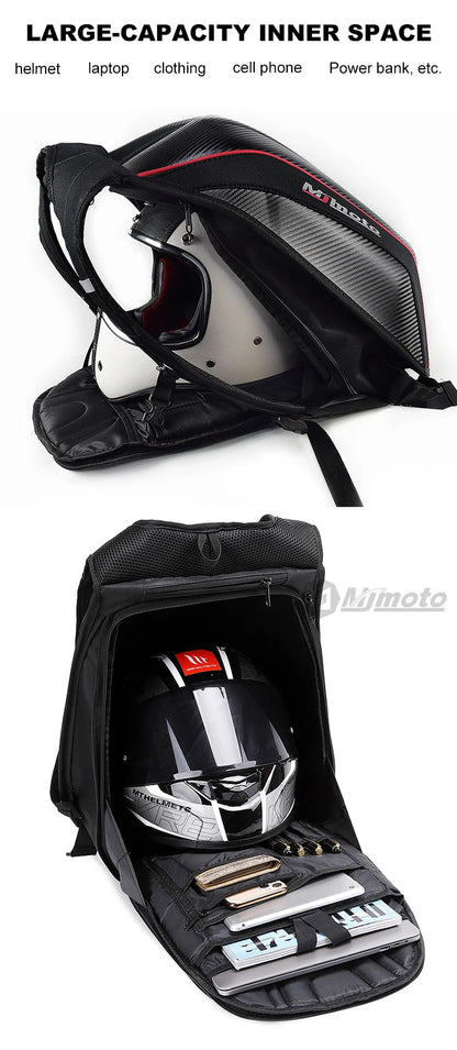 Carbon Fiber Motorcycle Backpack Motocross Helmet Bag Waterproof Motorsport Riding Backpack Expandable Hard Shell Bag Reflective
