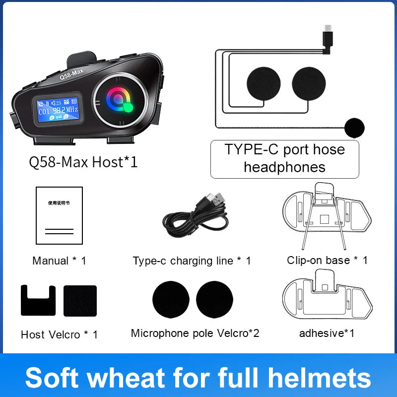 Q58 Max Motorcycle Helmet Bluetooth Intercom IP65 Waterproof Intercom Distance 500 Meters Multi-Scene Mixed Music Sharing