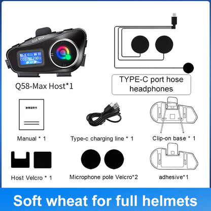 Q58 Max Motorcycle Helmet Bluetooth Intercom IP65 Waterproof Intercom Distance 500 Meters Multi-Scene Mixed Music Sharing