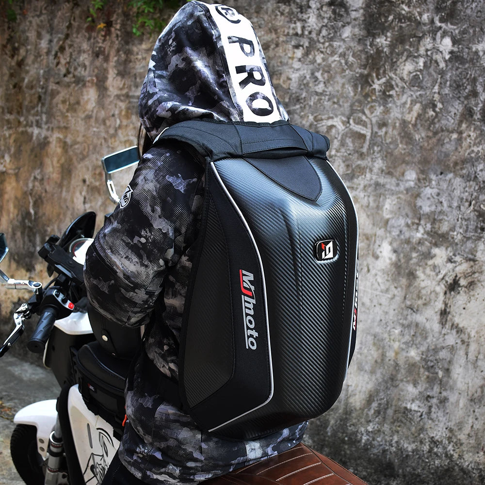 Carbon Fiber Motorcycle Backpack Motocross Helmet Bag Waterproof Motorsport Riding Backpack Expandable Hard Shell Bag Reflective