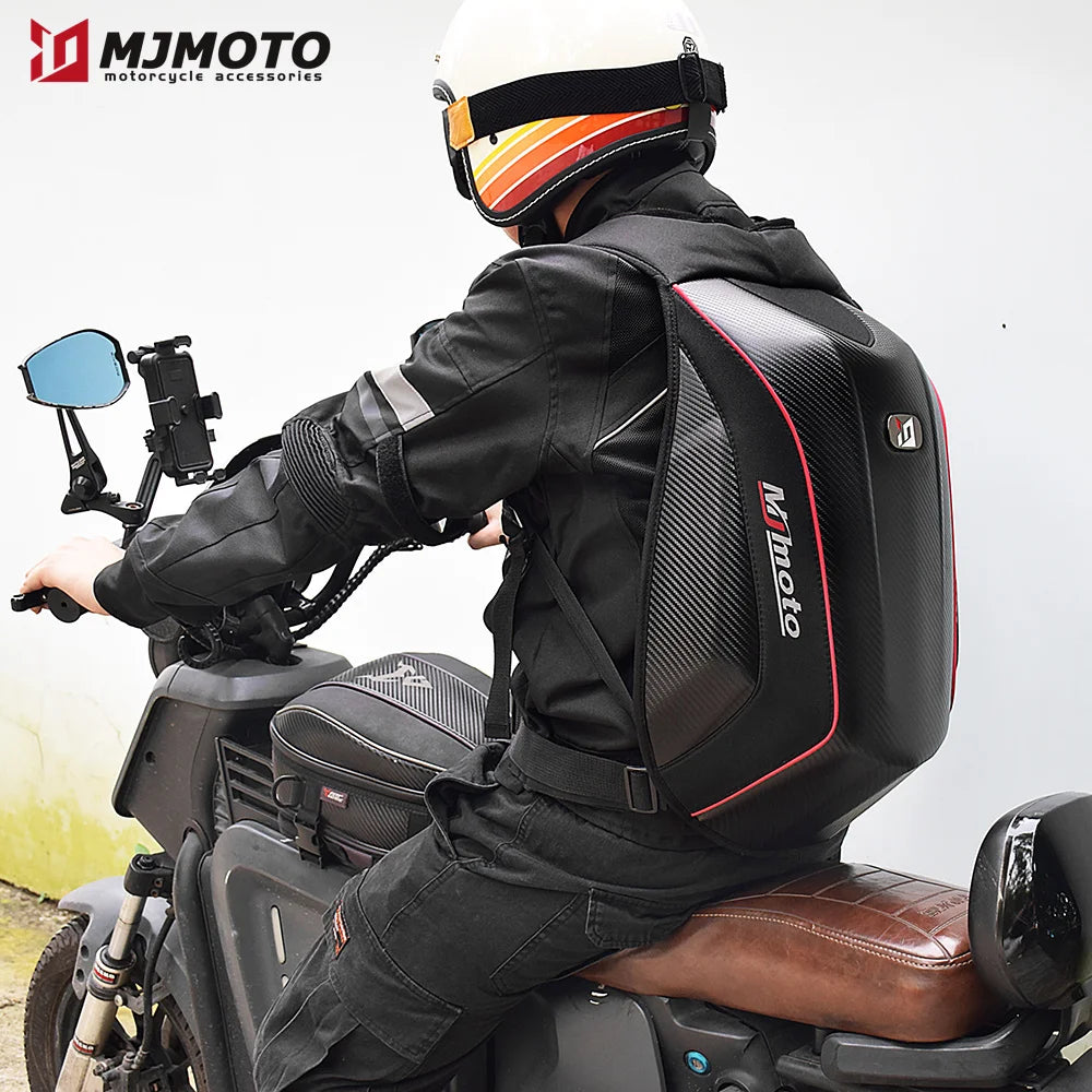 Carbon Fiber Motorcycle Backpack Motocross Helmet Bag Waterproof Motorsport Riding Backpack Expandable Hard Shell Bag Reflective