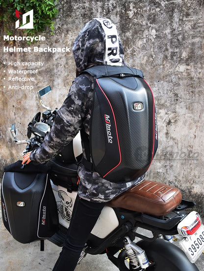 Carbon Fiber Motorcycle Backpack Motocross Helmet Bag Waterproof Motorsport Riding Backpack Expandable Hard Shell Bag Reflective