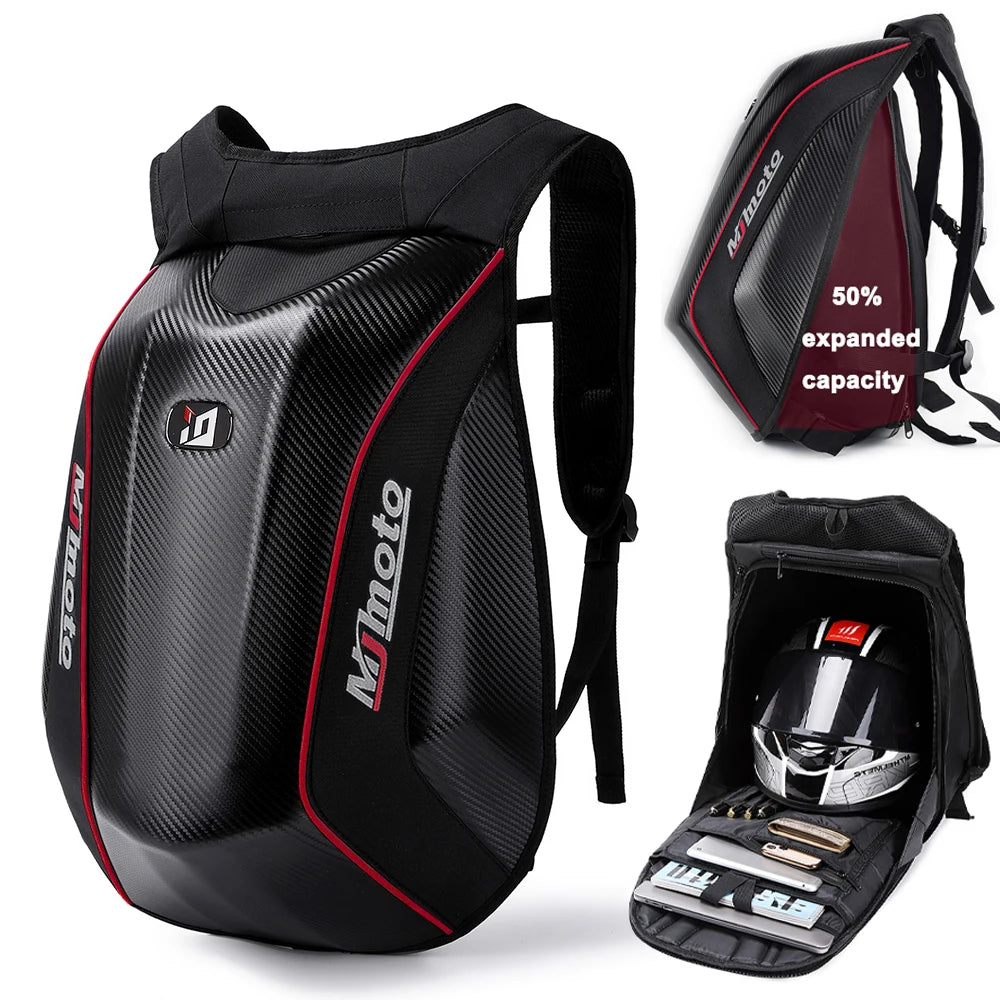 Carbon Fiber Motorcycle Backpack Motocross Helmet Bag Waterproof Motorsport Riding Backpack Expandable Hard Shell Bag Reflective