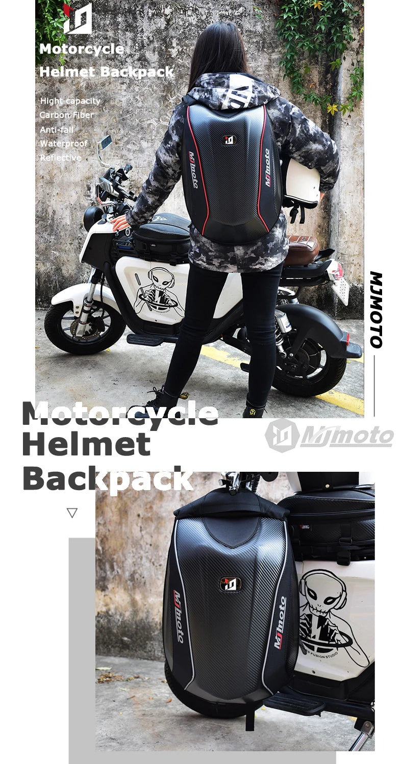Carbon Fiber Motorcycle Backpack Motocross Helmet Bag Waterproof Motorsport Riding Backpack Expandable Hard Shell Bag Reflective