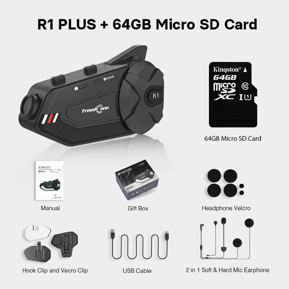 Freedconn R1Plus Bluetooth Motorcycle Intercom Helmet Headset Wifi APP Speaker Headphone Motorbike Interphone Motor Dash Cam Dvr