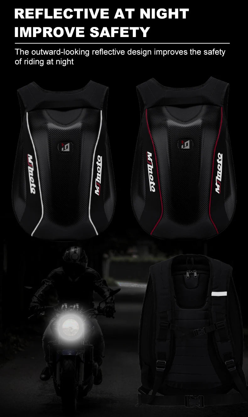 Carbon Fiber Motorcycle Backpack Motocross Helmet Bag Waterproof Motorsport Riding Backpack Expandable Hard Shell Bag Reflective